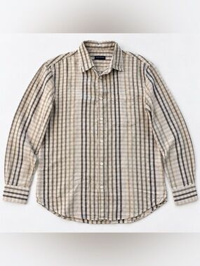 Club Monaco Men's Plaid Linen Long Sleeve Shirt Blue & White